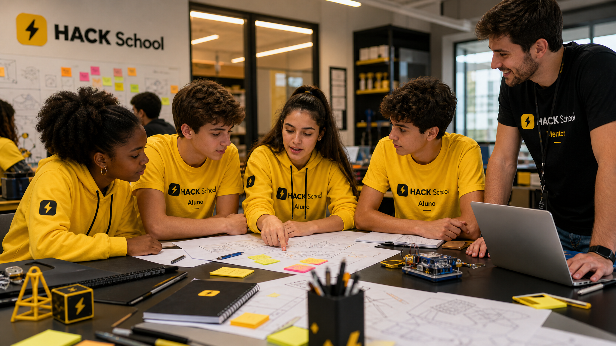 Equipe de estudantes trabalhando juntos ao redor de um notebook