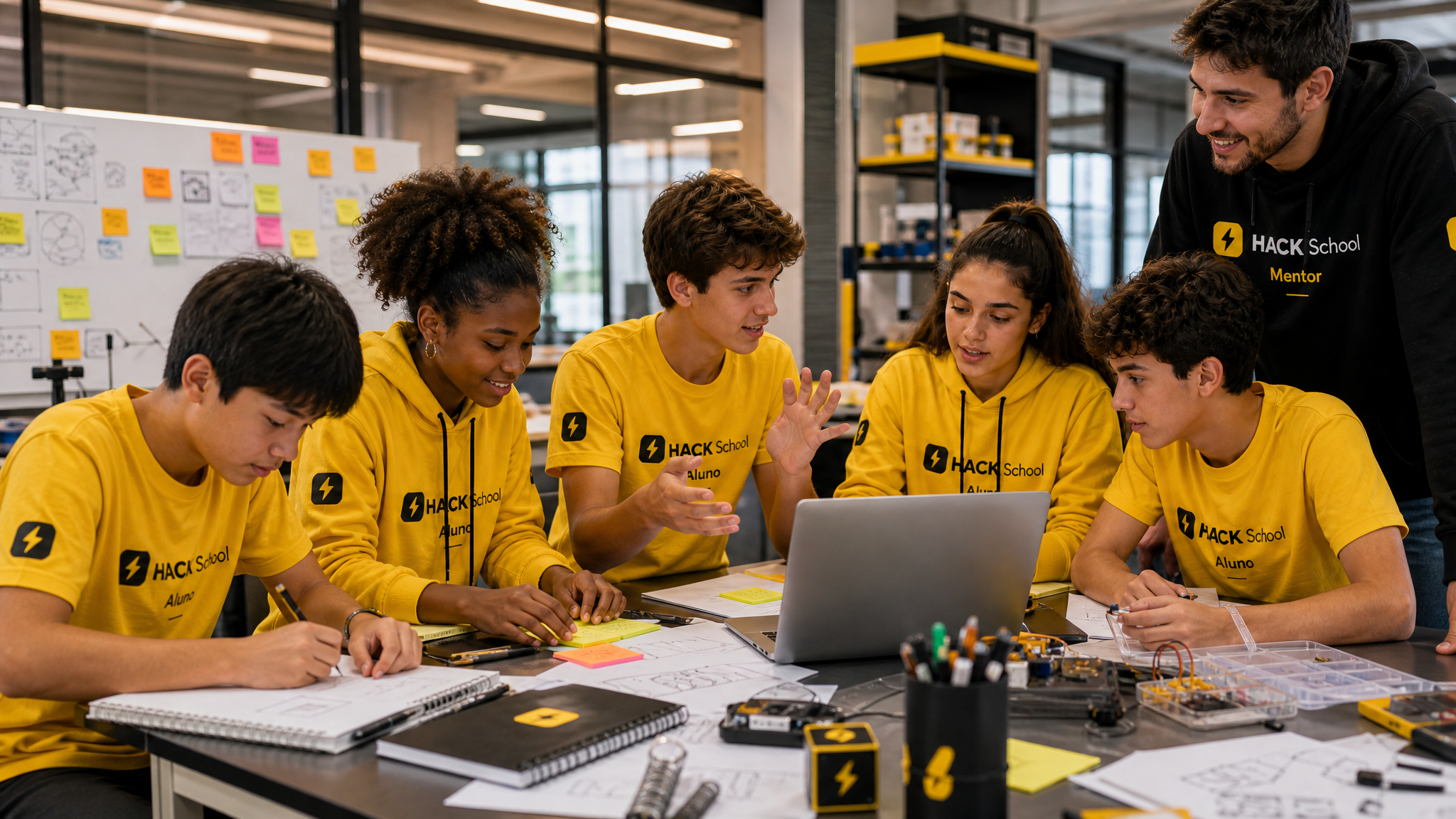 Estudantes e mentor combinando diferentes áreas de conhecimento em um projeto
