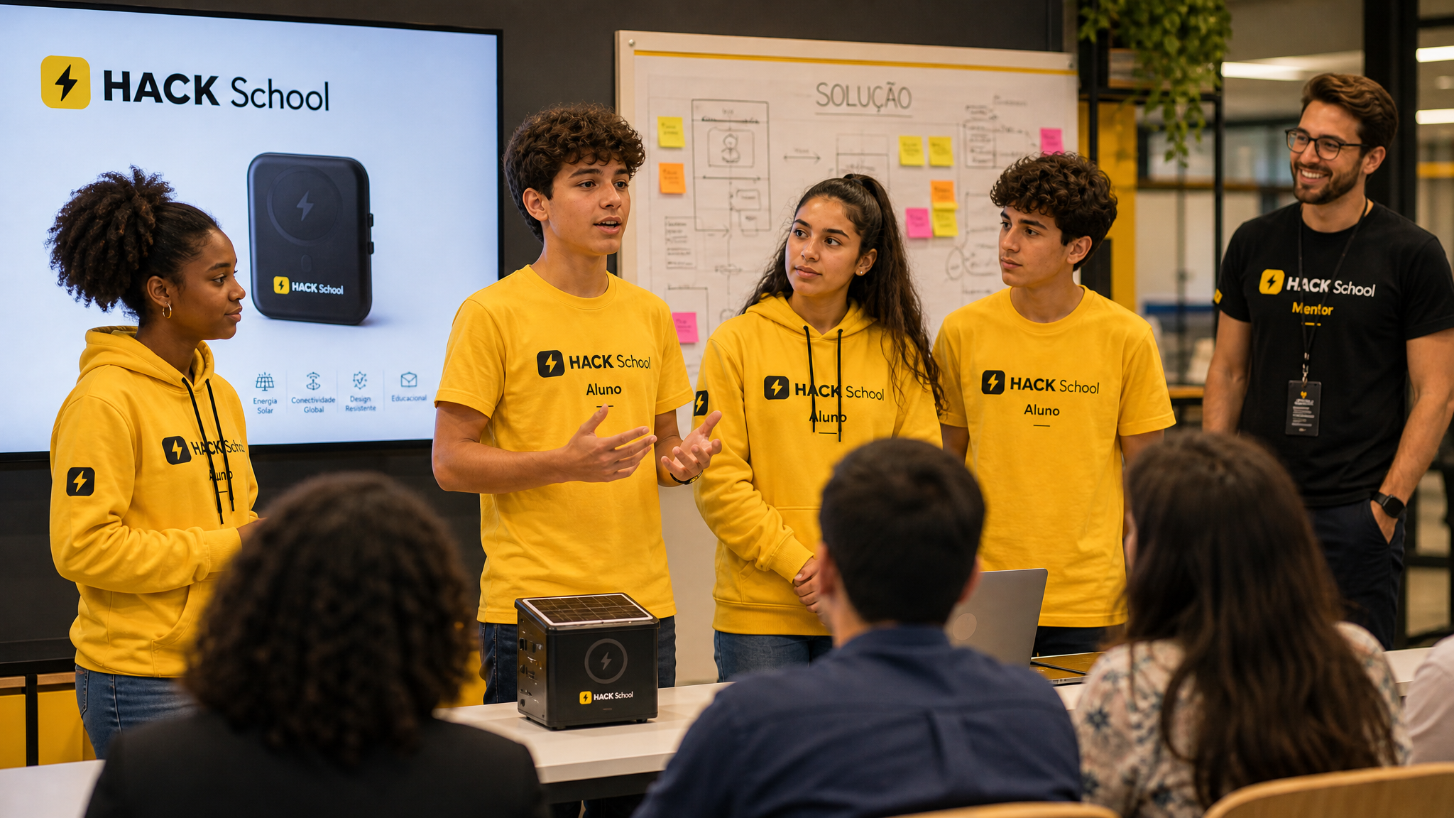 Estudantes protagonizando a apresentação de sua solução