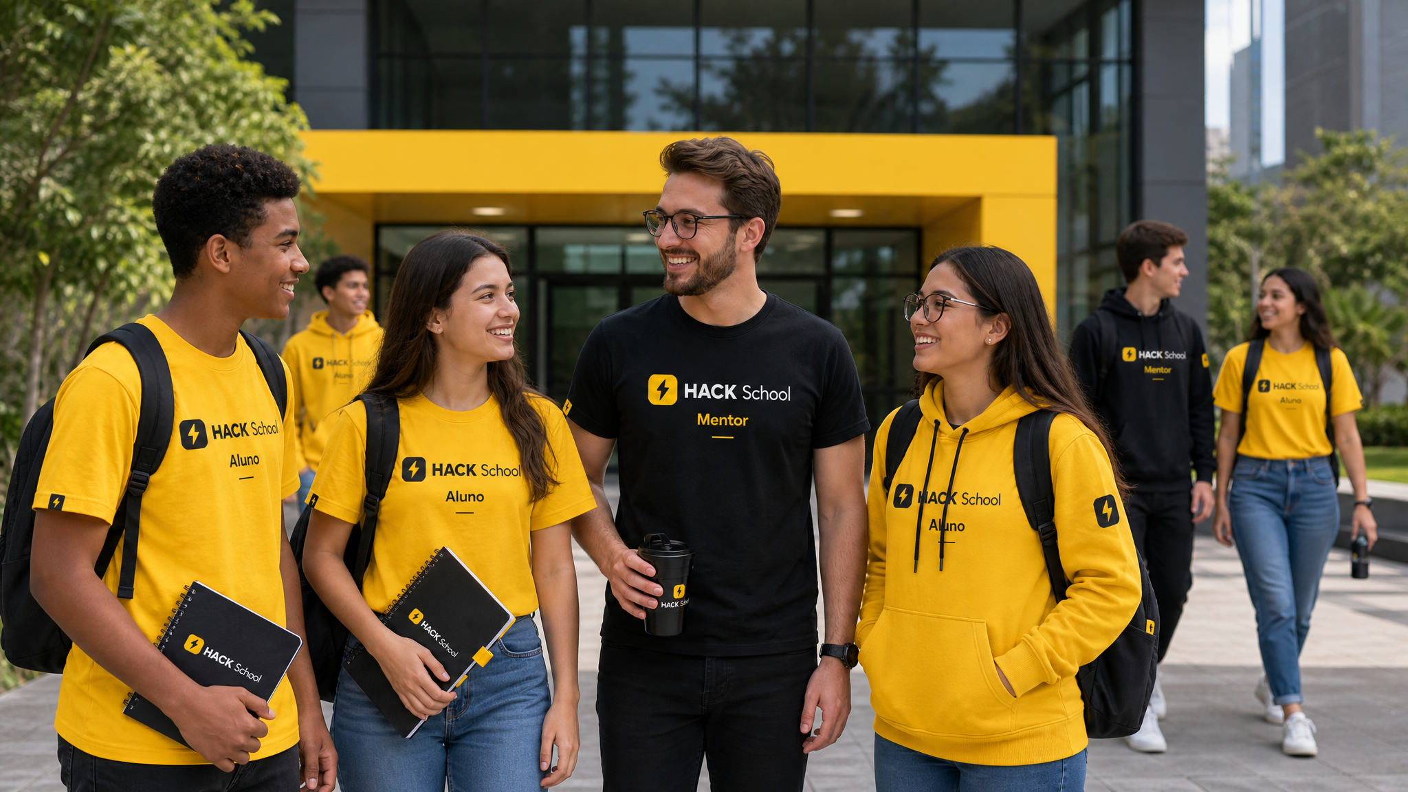 Estudantes e mentor caminhando pelo campus, representando a conexão com o território